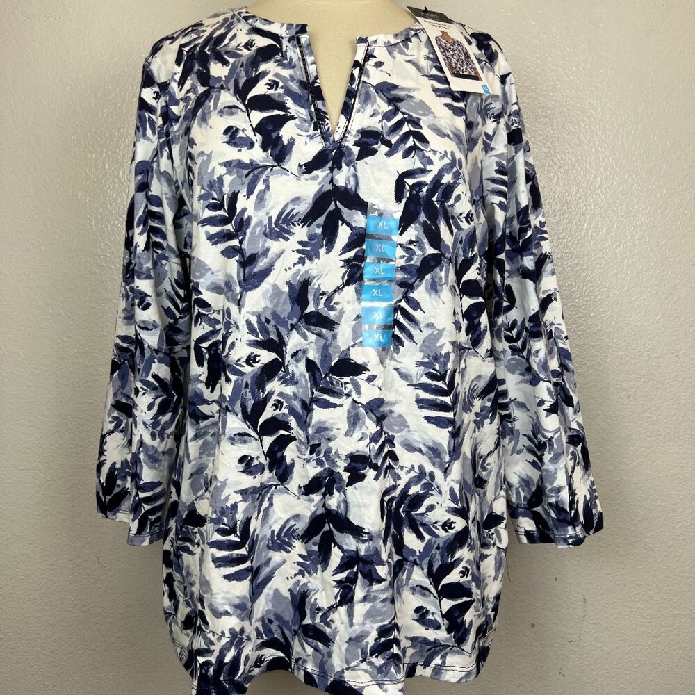 Jones New York White Blue Floral V-neck Top 3/4 Sleeves Blouse Women's Size XL